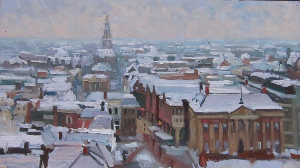 "Panorama Groningen met besneeuwde daken